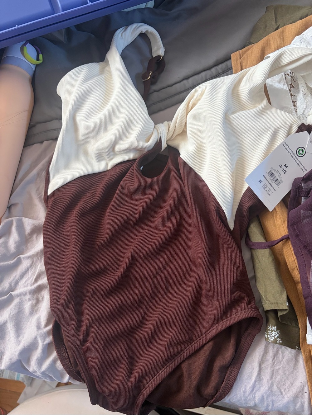 Women’s Two-Tone Twist Front bathing suit in Cream and Brown